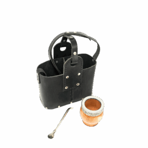 Premium Yerba Mate Set: Genuine Leather Carrying Bag & White Carob Wood Gourd Traditional Mate Cup - Includes Alpaca Silver Bombilla