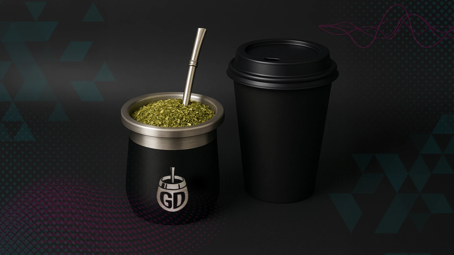 Silver and black mug with yerba mate floating on top and a bombia sticking, out slightly in front of a black to-go cup with lid.